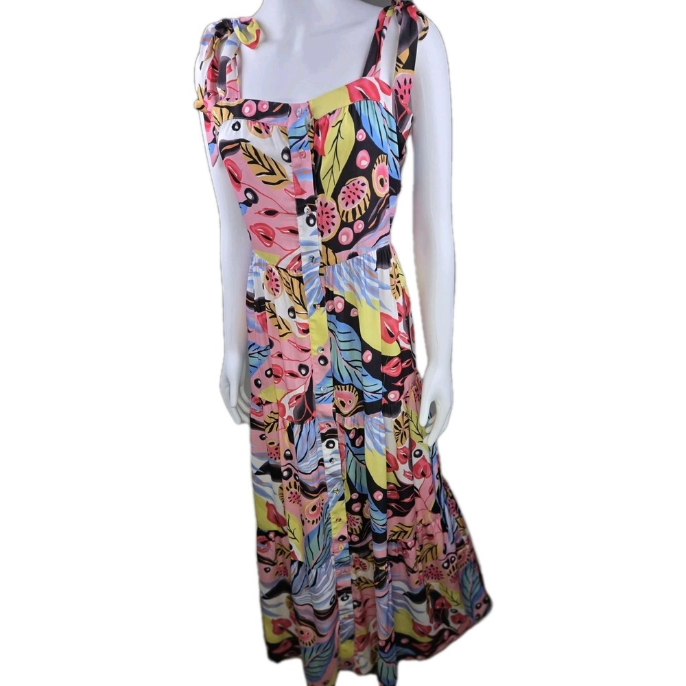 Hale Bob Elbise Maxi Tiered Full Button Tie Shoulders Dress Summer Tropical M‎